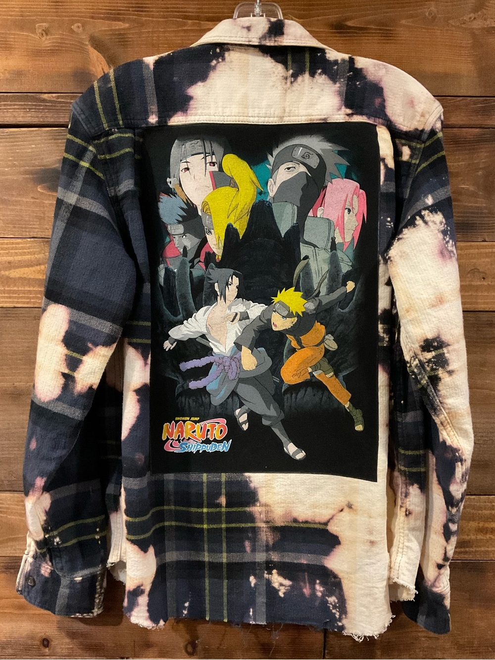 Custom NARUTO Anime Distressed Bleached Plaid Flannel RARE Handmade Mens Medium